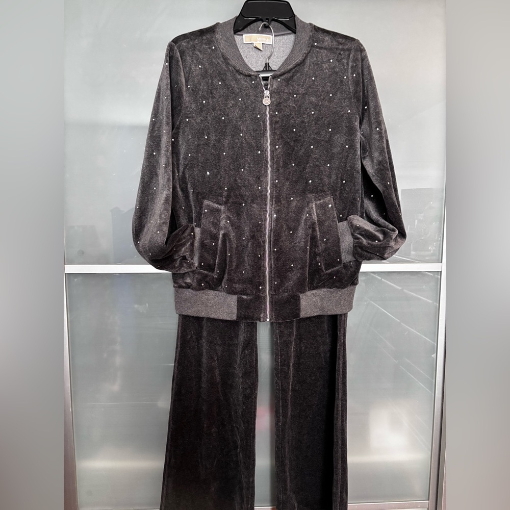 MICHAEL KORS  DK Grey Velour suit w studded Rhinestone jacket/ pull-on pants.